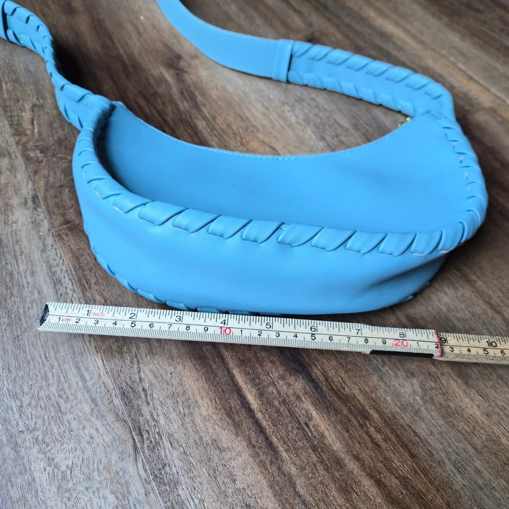 Jules‎ Kae Blue Vegan Leather Crescent Crossbody Bag Whipstitch Trim Gold PETA